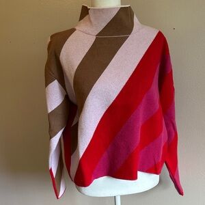 Anthropologie Vibrant Red and Pink Striped Women's Turtleneck Sweater
